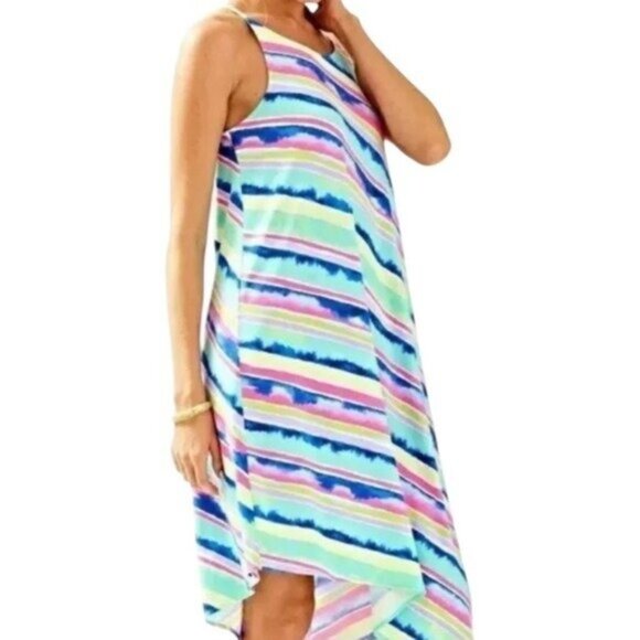 Lilly Pulitzer Magnolia Dress Medium Stripe Asymmetric Euro Summer Coastal Artsy - Picture 2 of 11